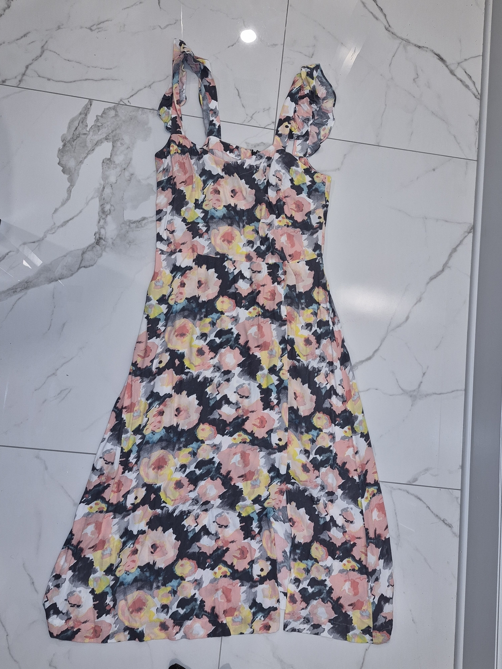 LOFT Floral Tie-Strap Midi Dress in Pink, Yellow & Black